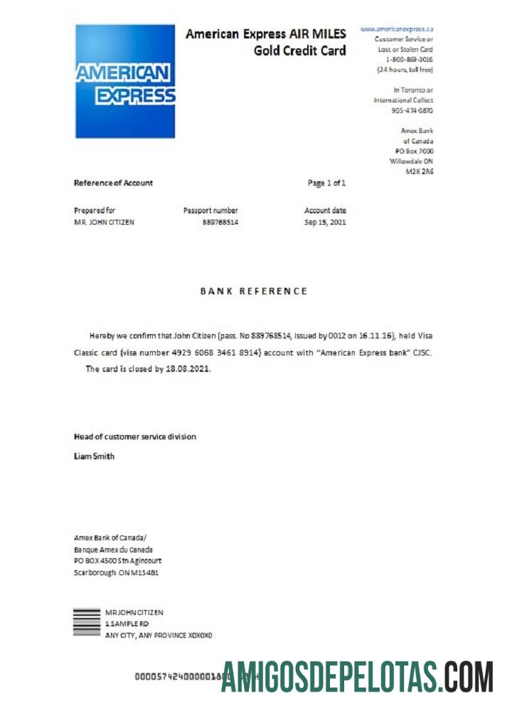 Referência de fechamento de cartão de crédito Canada American Express Air Miles Gold amostra